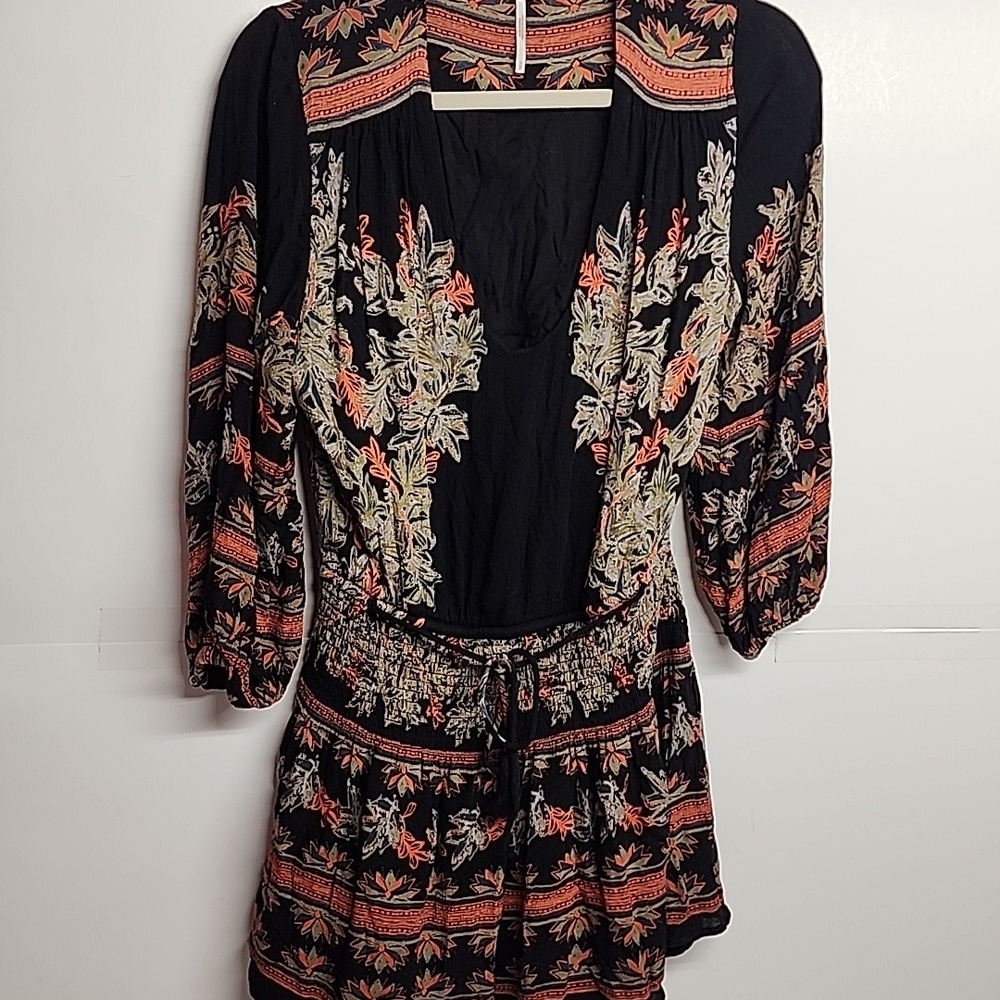 Free People Moonlight Drive Black & Orange Floral mini Dress.  Romantic Sz S/P